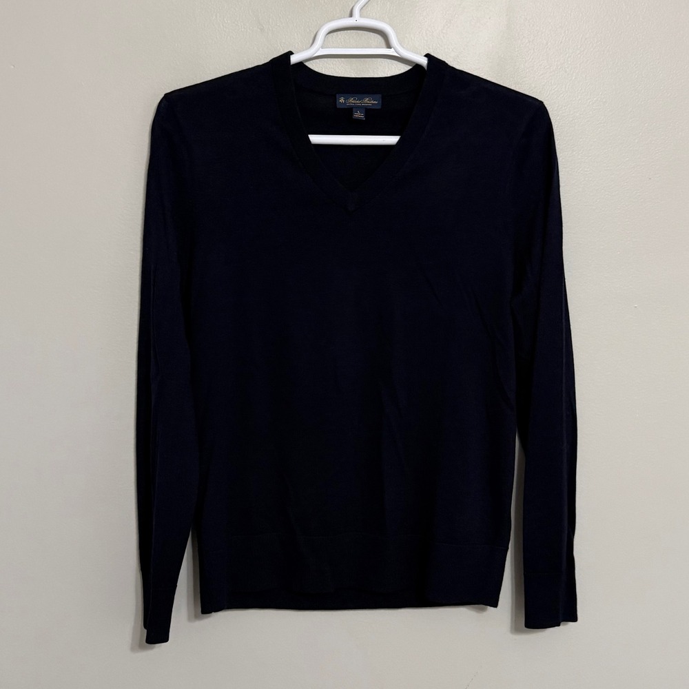 Brooks Brothers Mens Large Navy Blue Blue Extra Fine Merino Wool V-Neck Sweater - Picture 2 of 7